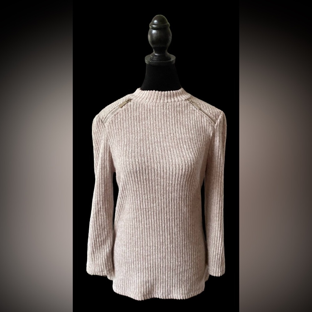 Olivia Blu: Cream Tan Soft Sweater with Zippers at Collar - Picture 17 of 17